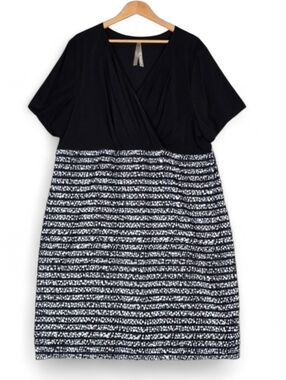 Penningtons Women's Tiered Ruffle Mixed Media Dress Black White V Neck 4X